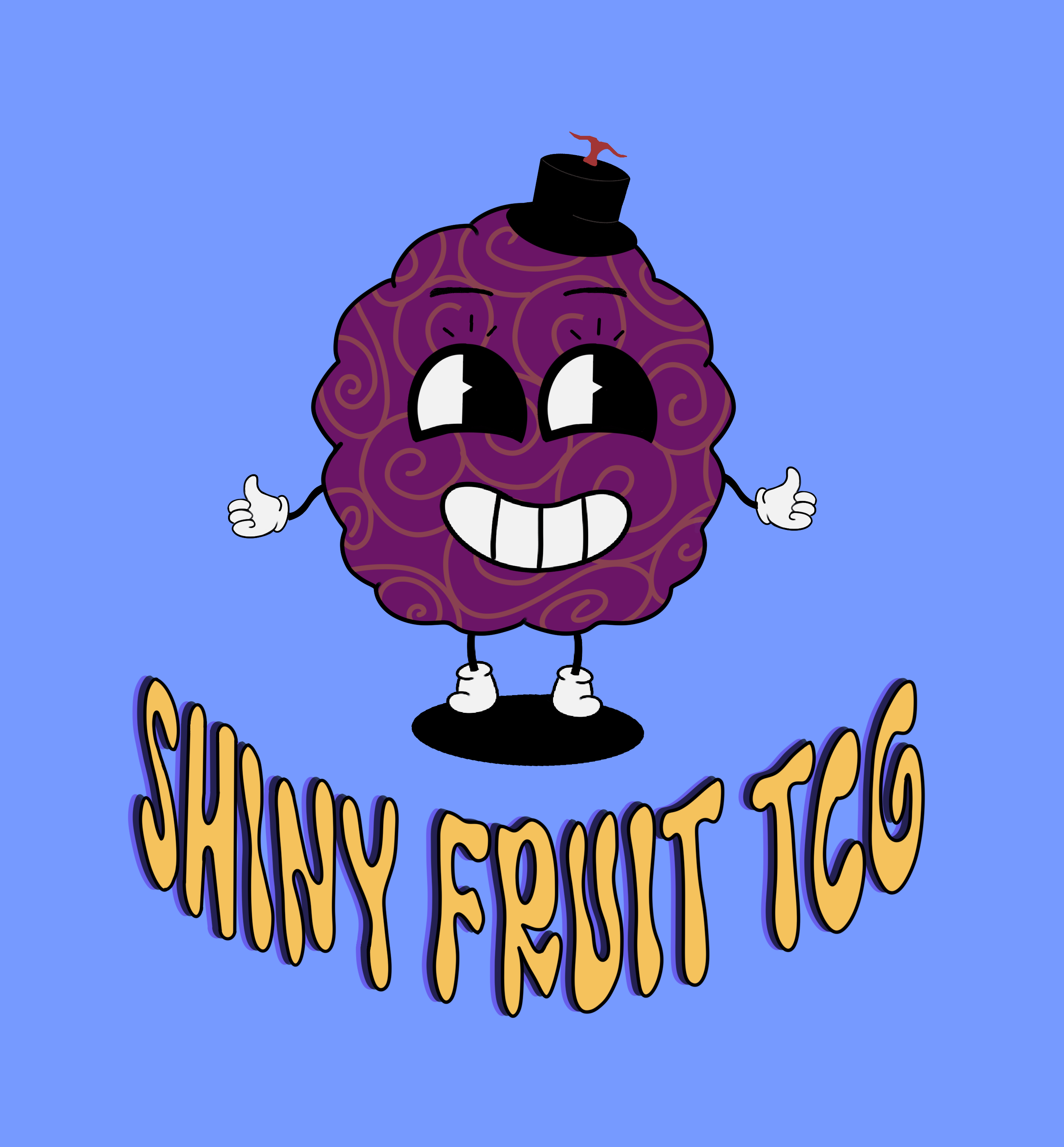 A cheerful purple fruit mascot wearing a black top hat gives two thumbs up against a blue background, above yellow lettering that reads Shiny Fruit TCG.